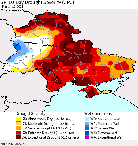Ukraine, Moldova and Belarus SPI 10-Day Drought Severity (CPC) Thematic Map For 3/1/2024 - 3/10/2024