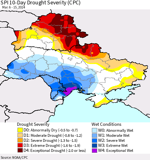 Ukraine, Moldova and Belarus SPI 10-Day Drought Severity (CPC) Thematic Map For 3/6/2024 - 3/15/2024
