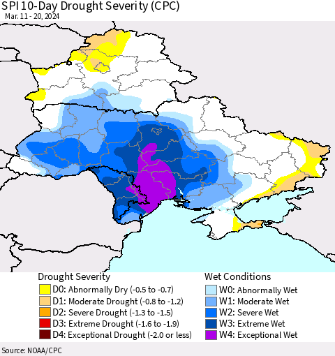 Ukraine, Moldova and Belarus SPI 10-Day Drought Severity (CPC) Thematic Map For 3/11/2024 - 3/20/2024