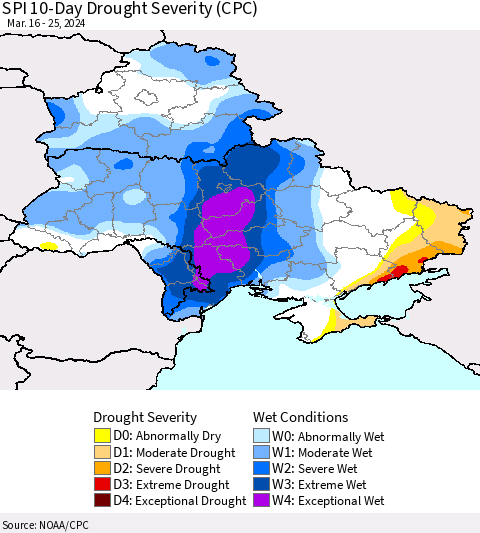 Ukraine, Moldova and Belarus SPI 10-Day Drought Severity (CPC) Thematic Map For 3/16/2024 - 3/25/2024