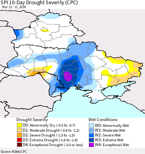 Ukraine, Moldova and Belarus SPI 10-Day Drought Severity (CPC) Thematic Map For 3/21/2024 - 3/31/2024