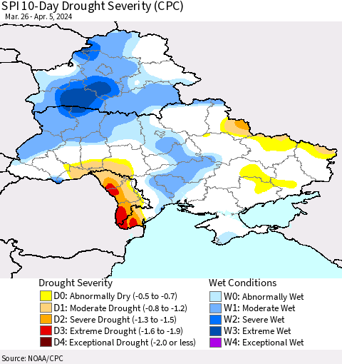 Ukraine, Moldova and Belarus SPI 10-Day Drought Severity (CPC) Thematic Map For 3/26/2024 - 4/5/2024
