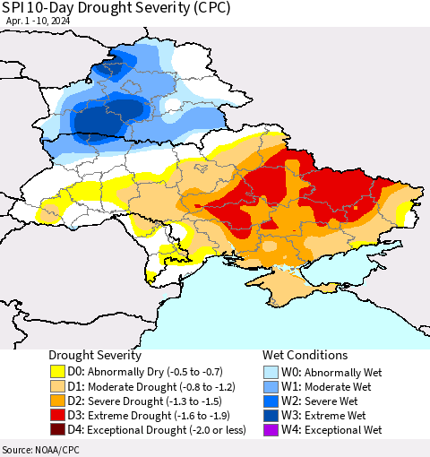 Ukraine, Moldova and Belarus SPI 10-Day Drought Severity (CPC) Thematic Map For 4/1/2024 - 4/10/2024
