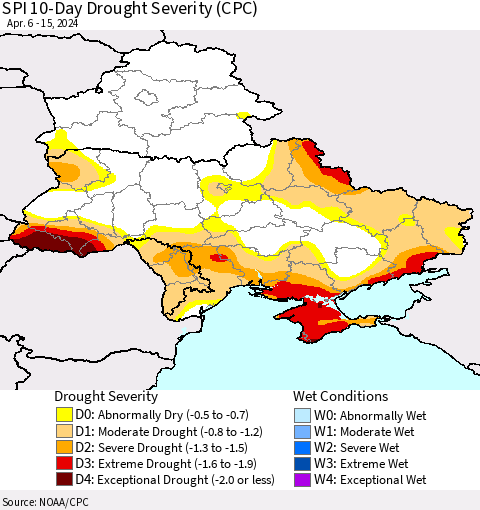 Ukraine, Moldova and Belarus SPI 10-Day Drought Severity (CPC) Thematic Map For 4/6/2024 - 4/15/2024