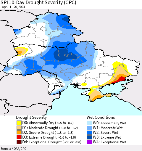 Ukraine, Moldova and Belarus SPI 10-Day Drought Severity (CPC) Thematic Map For 4/11/2024 - 4/20/2024