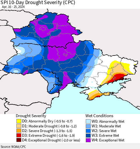 Ukraine, Moldova and Belarus SPI 10-Day Drought Severity (CPC) Thematic Map For 4/16/2024 - 4/25/2024