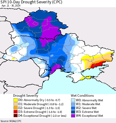 Ukraine, Moldova and Belarus SPI 10-Day Drought Severity (CPC) Thematic Map For 4/21/2024 - 4/30/2024