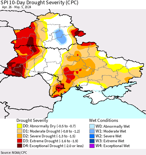 Ukraine, Moldova and Belarus SPI 10-Day Drought Severity (CPC) Thematic Map For 4/26/2024 - 5/5/2024