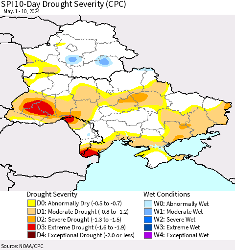 Ukraine, Moldova and Belarus SPI 10-Day Drought Severity (CPC) Thematic Map For 5/1/2024 - 5/10/2024