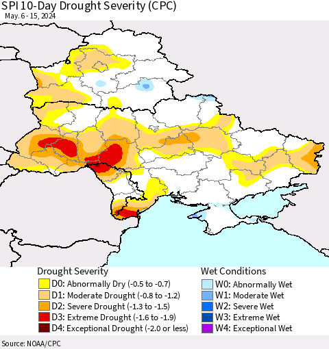 Ukraine, Moldova and Belarus SPI 10-Day Drought Severity (CPC) Thematic Map For 5/6/2024 - 5/15/2024