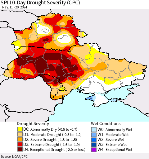 Ukraine, Moldova and Belarus SPI 10-Day Drought Severity (CPC) Thematic Map For 5/11/2024 - 5/20/2024