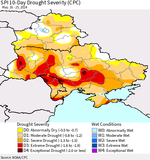 Ukraine, Moldova and Belarus SPI 10-Day Drought Severity (CPC) Thematic Map For 5/16/2024 - 5/25/2024