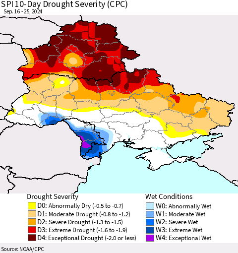 Ukraine, Moldova and Belarus SPI 10-Day Drought Severity (CPC) Thematic Map For 9/16/2024 - 9/25/2024
