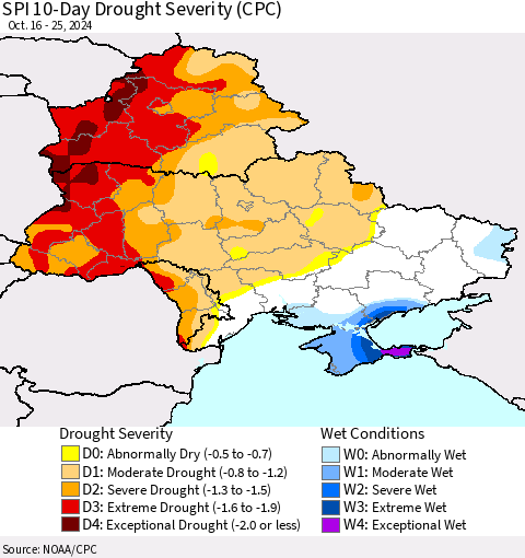 Ukraine, Moldova and Belarus SPI 10-Day Drought Severity (CPC) Thematic Map For 10/16/2024 - 10/25/2024