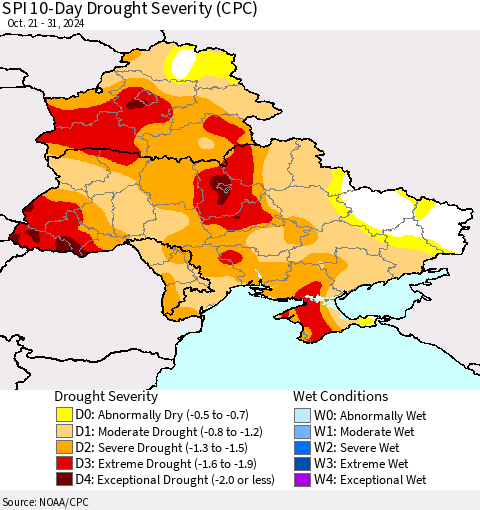 Ukraine, Moldova and Belarus SPI 10-Day Drought Severity (CPC) Thematic Map For 10/21/2024 - 10/31/2024