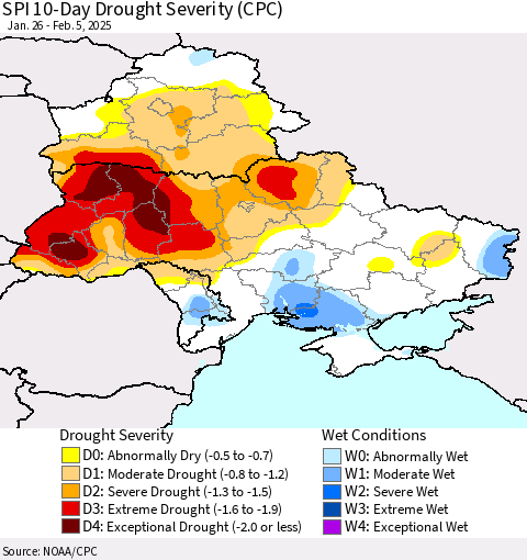 Ukraine, Moldova and Belarus SPI 10-Day Drought Severity (CPC) Thematic Map For 1/26/2025 - 2/5/2025