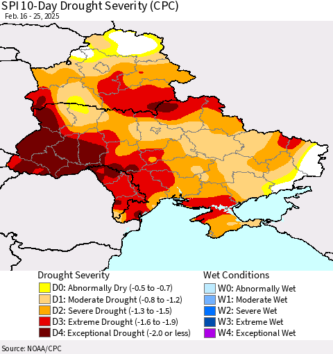 Ukraine, Moldova and Belarus SPI 10-Day Drought Severity (CPC) Thematic Map For 2/16/2025 - 2/25/2025