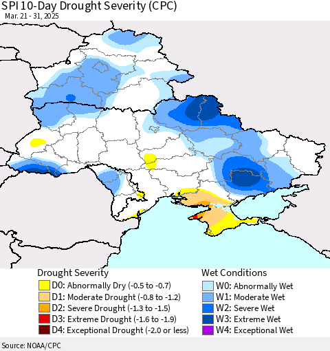 Ukraine, Moldova and Belarus SPI 10-Day Drought Severity (CPC) Thematic Map For 3/21/2025 - 3/31/2025