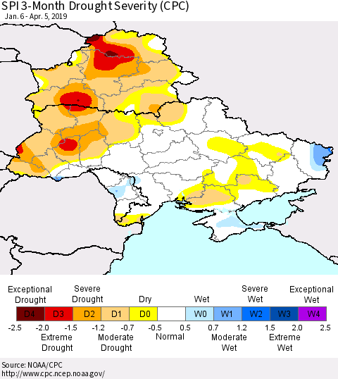 Ukraine, Moldova and Belarus SPI 3-Month Drought Severity (CPC) Thematic Map For 1/6/2019 - 4/5/2019