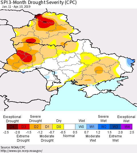 Ukraine, Moldova and Belarus SPI 3-Month Drought Severity (CPC) Thematic Map For 1/11/2019 - 4/10/2019