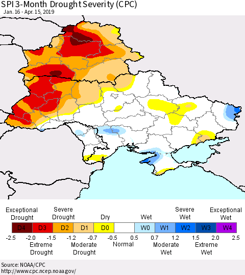 Ukraine, Moldova and Belarus SPI 3-Month Drought Severity (CPC) Thematic Map For 1/16/2019 - 4/15/2019