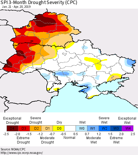Ukraine, Moldova and Belarus SPI 3-Month Drought Severity (CPC) Thematic Map For 1/21/2019 - 4/20/2019