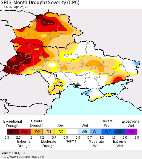 Ukraine, Moldova and Belarus SPI 3-Month Drought Severity (CPC) Thematic Map For 1/26/2019 - 4/25/2019