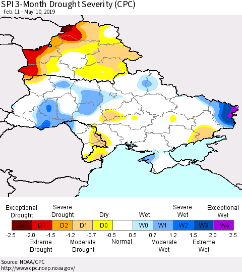 Ukraine, Moldova and Belarus SPI 3-Month Drought Severity (CPC) Thematic Map For 2/11/2019 - 5/10/2019