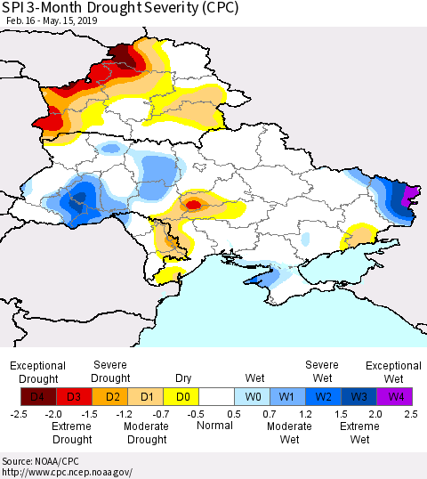 Ukraine, Moldova and Belarus SPI 3-Month Drought Severity (CPC) Thematic Map For 2/16/2019 - 5/15/2019