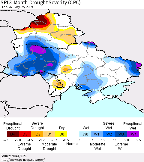 Ukraine, Moldova and Belarus SPI 3-Month Drought Severity (CPC) Thematic Map For 2/26/2019 - 5/25/2019