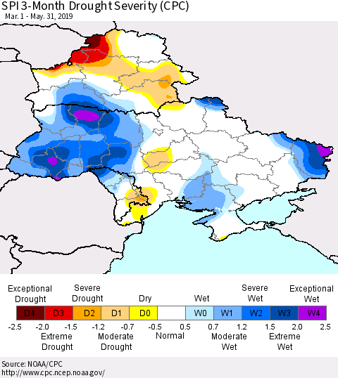 Ukraine, Moldova and Belarus SPI 3-Month Drought Severity (CPC) Thematic Map For 3/1/2019 - 5/31/2019