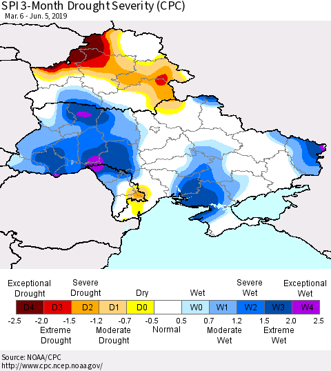 Ukraine, Moldova and Belarus SPI 3-Month Drought Severity (CPC) Thematic Map For 3/6/2019 - 6/5/2019