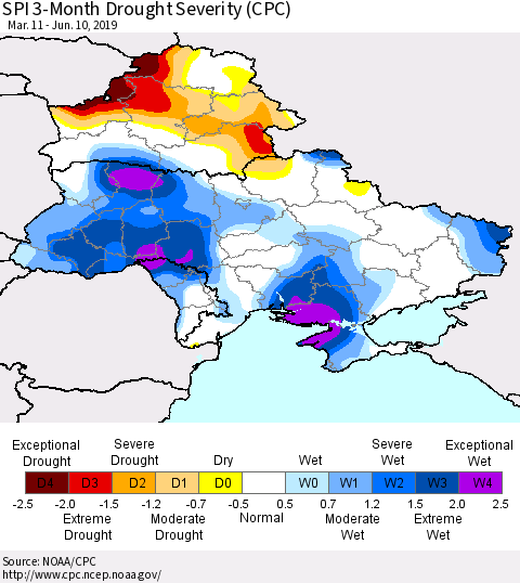 Ukraine, Moldova and Belarus SPI 3-Month Drought Severity (CPC) Thematic Map For 3/11/2019 - 6/10/2019
