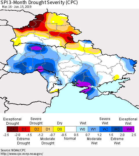 Ukraine, Moldova and Belarus SPI 3-Month Drought Severity (CPC) Thematic Map For 3/16/2019 - 6/15/2019