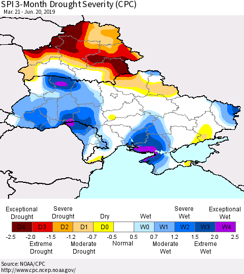 Ukraine, Moldova and Belarus SPI 3-Month Drought Severity (CPC) Thematic Map For 3/21/2019 - 6/20/2019