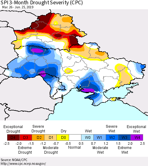 Ukraine, Moldova and Belarus SPI 3-Month Drought Severity (CPC) Thematic Map For 3/26/2019 - 6/25/2019