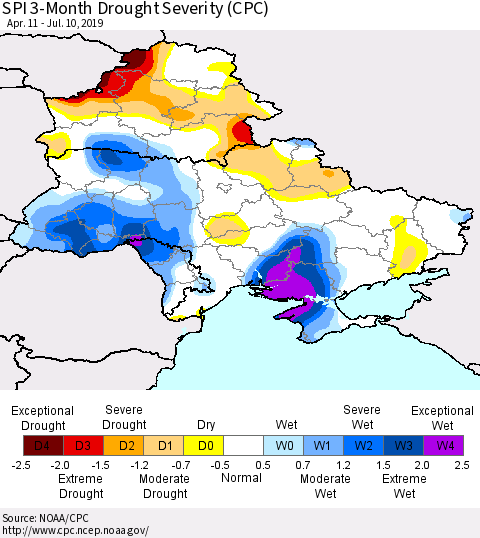 Ukraine, Moldova and Belarus SPI 3-Month Drought Severity (CPC) Thematic Map For 4/11/2019 - 7/10/2019