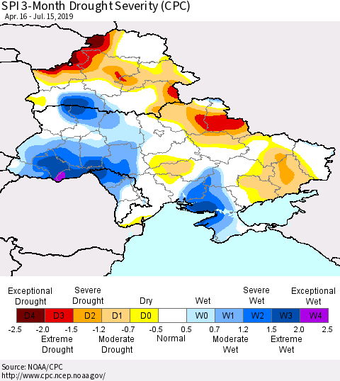 Ukraine, Moldova and Belarus SPI 3-Month Drought Severity (CPC) Thematic Map For 4/16/2019 - 7/15/2019