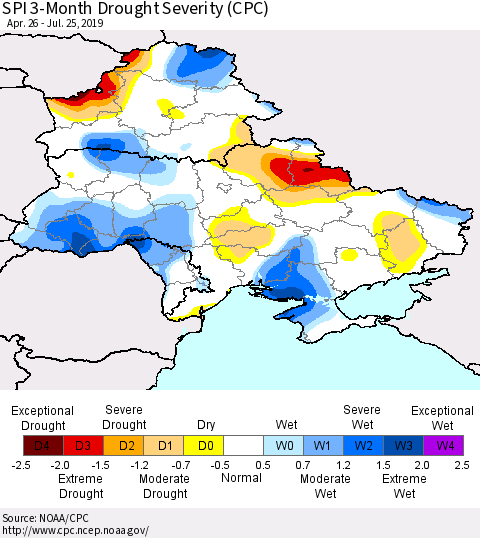 Ukraine, Moldova and Belarus SPI 3-Month Drought Severity (CPC) Thematic Map For 4/26/2019 - 7/25/2019