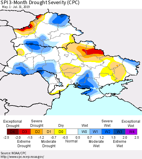 Ukraine, Moldova and Belarus SPI 3-Month Drought Severity (CPC) Thematic Map For 5/1/2019 - 7/31/2019