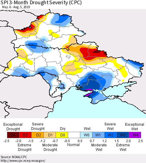 Ukraine, Moldova and Belarus SPI 3-Month Drought Severity (CPC) Thematic Map For 5/6/2019 - 8/5/2019