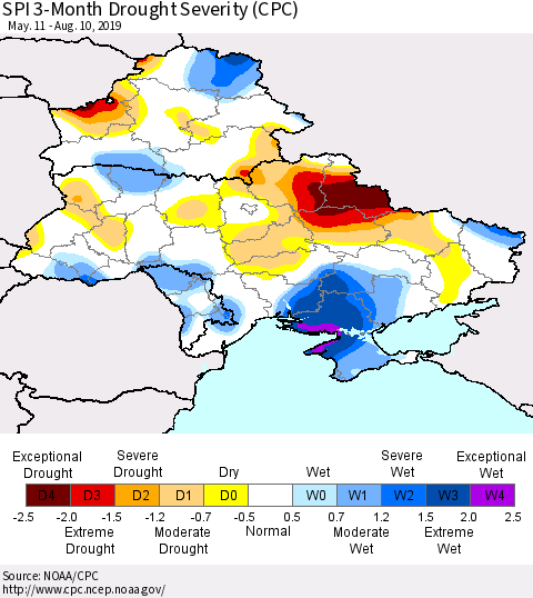 Ukraine, Moldova and Belarus SPI 3-Month Drought Severity (CPC) Thematic Map For 5/11/2019 - 8/10/2019
