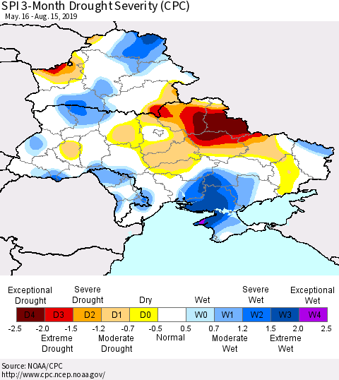 Ukraine, Moldova and Belarus SPI 3-Month Drought Severity (CPC) Thematic Map For 5/16/2019 - 8/15/2019