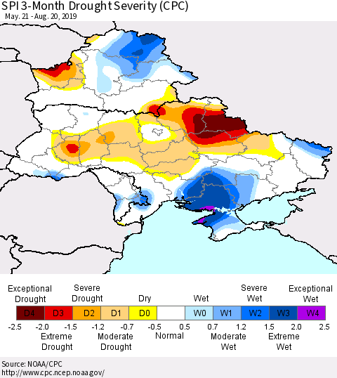 Ukraine, Moldova and Belarus SPI 3-Month Drought Severity (CPC) Thematic Map For 5/21/2019 - 8/20/2019