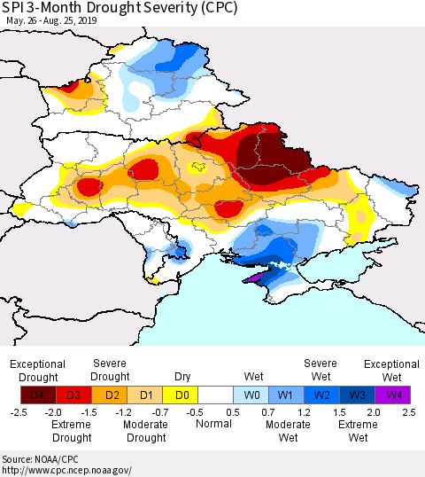 Ukraine, Moldova and Belarus SPI 3-Month Drought Severity (CPC) Thematic Map For 5/26/2019 - 8/25/2019