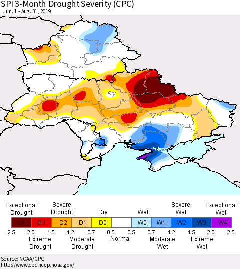 Ukraine, Moldova and Belarus SPI 3-Month Drought Severity (CPC) Thematic Map For 6/1/2019 - 8/31/2019