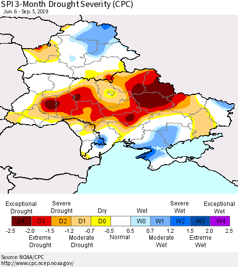 Ukraine, Moldova and Belarus SPI 3-Month Drought Severity (CPC) Thematic Map For 6/6/2019 - 9/5/2019