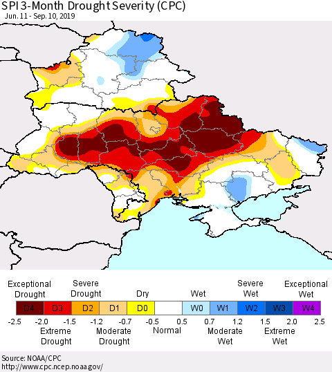 Ukraine, Moldova and Belarus SPI 3-Month Drought Severity (CPC) Thematic Map For 6/11/2019 - 9/10/2019