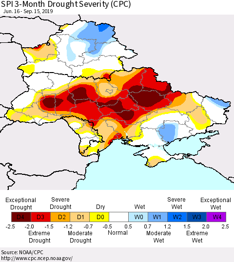 Ukraine, Moldova and Belarus SPI 3-Month Drought Severity (CPC) Thematic Map For 6/16/2019 - 9/15/2019