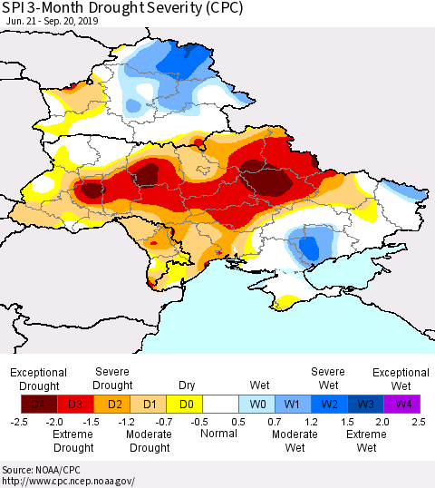 Ukraine, Moldova and Belarus SPI 3-Month Drought Severity (CPC) Thematic Map For 6/21/2019 - 9/20/2019